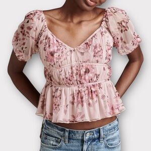 Lucky Brand Mesh Date Night Top Women's Small Pink Floral Puff Sleeve‎ Y2k Shirt